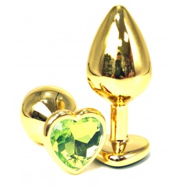 Золотистая анальная пробка с лаймовым кристаллом-сердцем - 6 см.