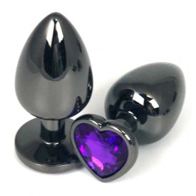 Черная металлическая анальная пробка с фиолетовым стразом-сердечком - 9 см.