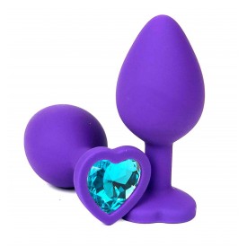 Фиолетовая силиконовая анальная пробка с голубым стразом-сердцем - 10,5 см.
