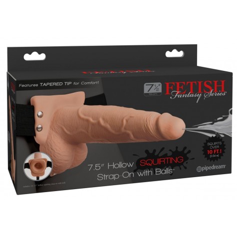 Телесный полый страпон с имитацией эякуляции 7.5" Hollow Squirting Strap-On with Balls Flesh - 21,6 см.